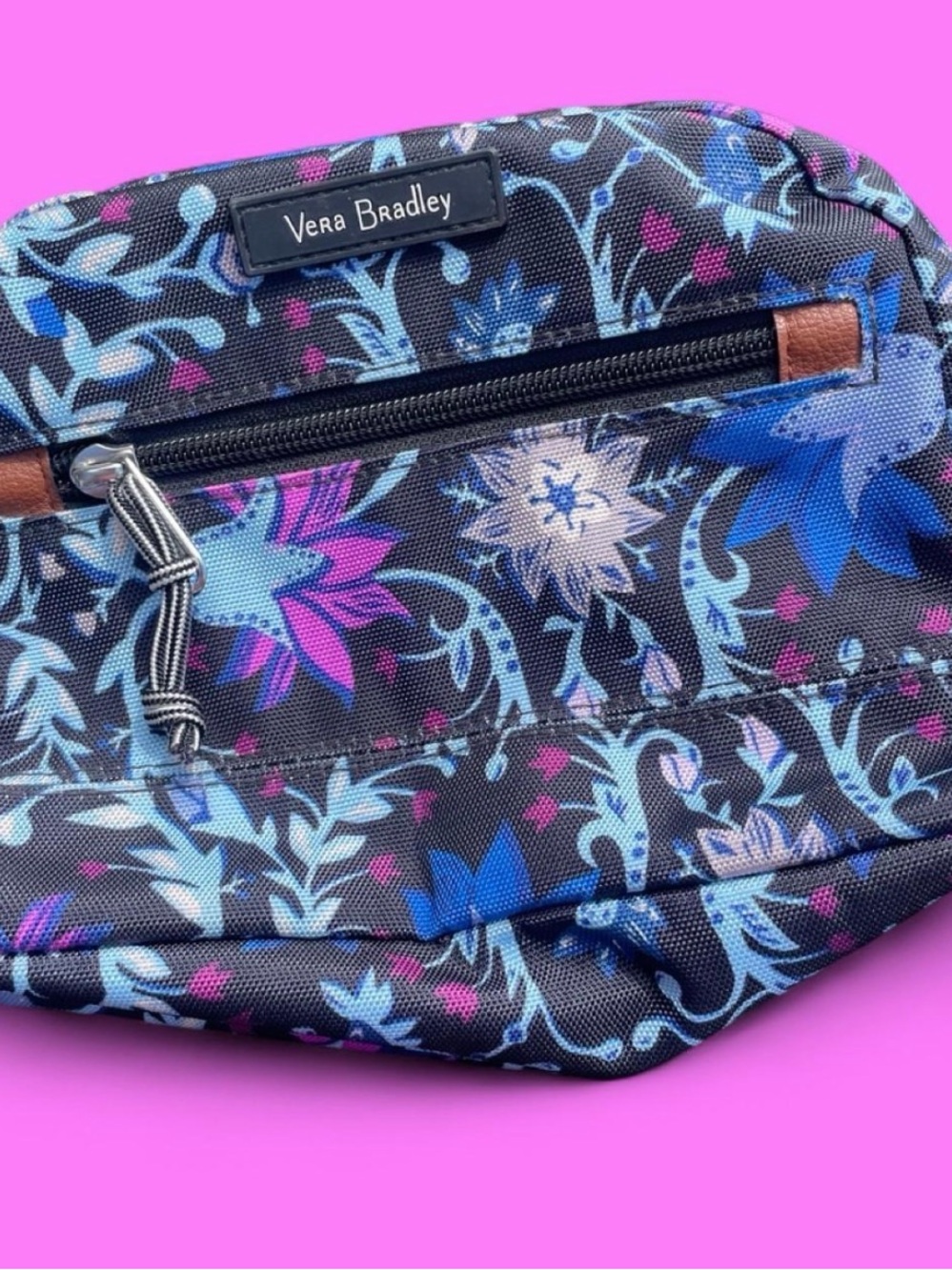 Vera Bradley Black Blue Floral Cosmetic Bag with Pink Accents